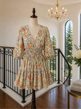 Maje Floral V-Neck Tiered Mini Dress in Yellow, Orange, Green